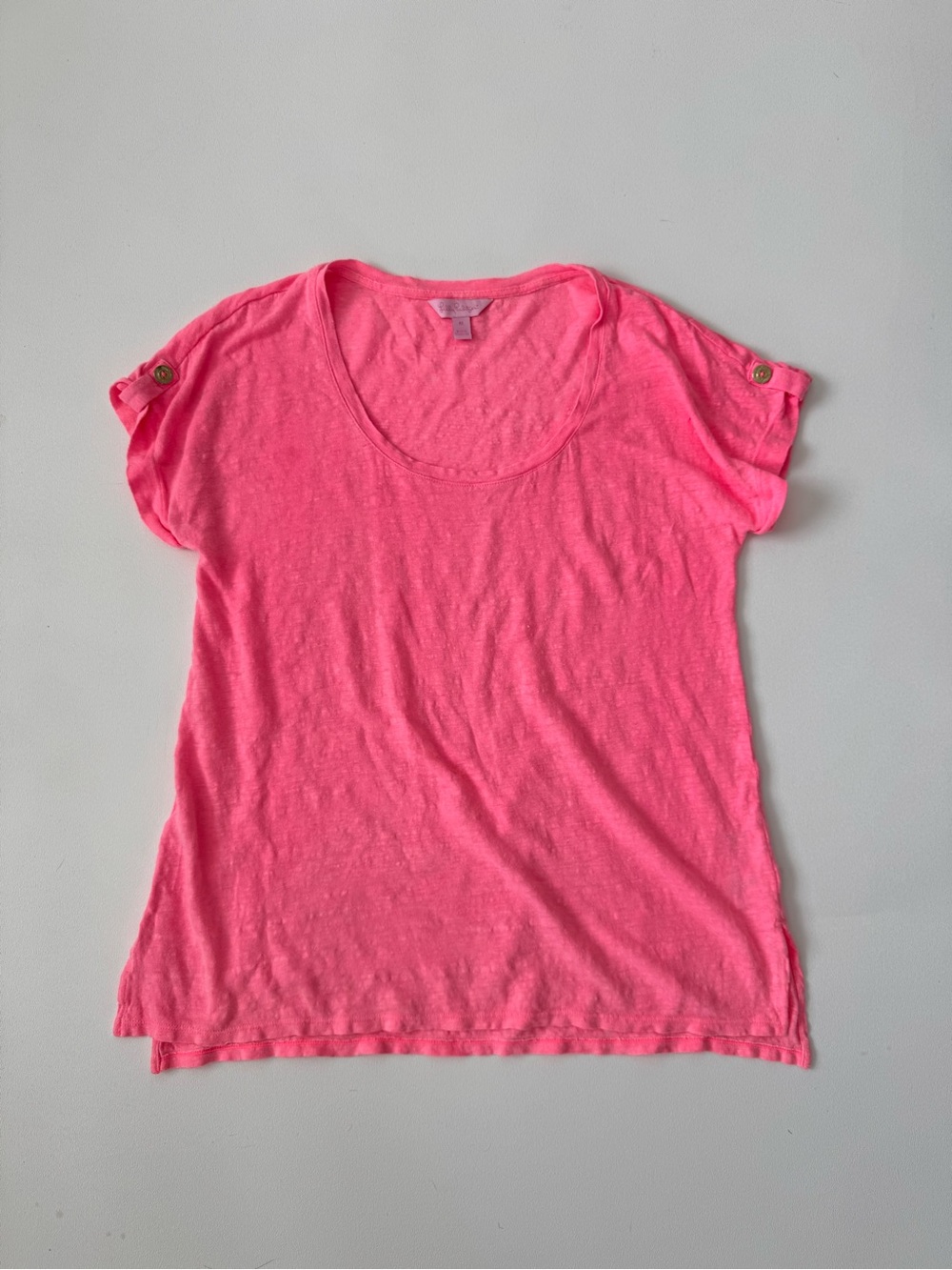 Lilly Pulitzer Pink 100% Linen Scoop Neck Roll Tab Sleeve Top Size M Beach